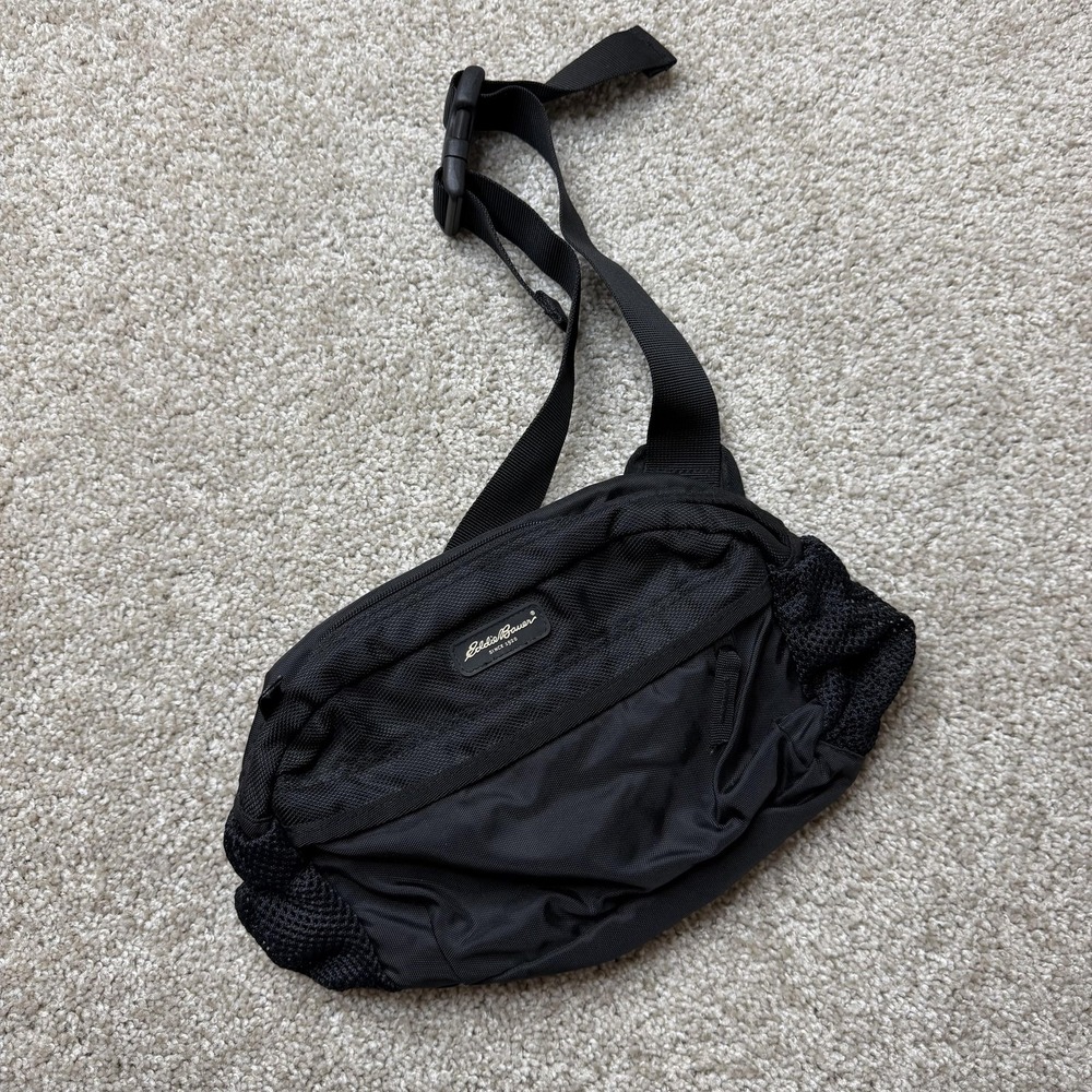 Eddie Bauer Belt Bag Mens Medium Black Nylon Fanny Pack Bottle Pocket Travel - Picture 1 of 7